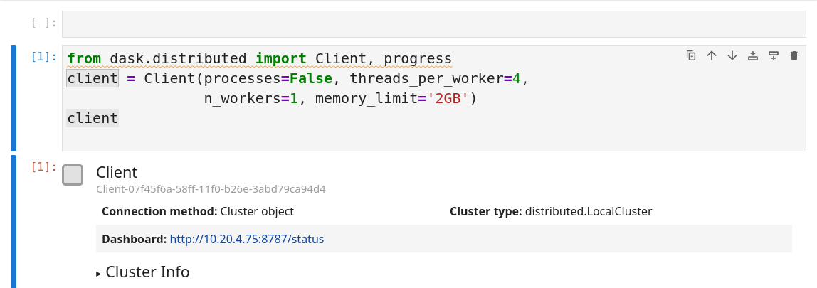 Dask setup showing a local cluster with one worker and four threads.