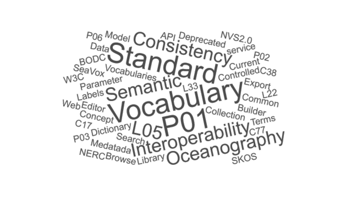 Word cloud of common metadata elements, including title, abstract, keywords, contact, spatial extent, temporal extent, units, standard_name, cell_methods, coordinates, bounds, grid_mapping, quality flags, provenance.